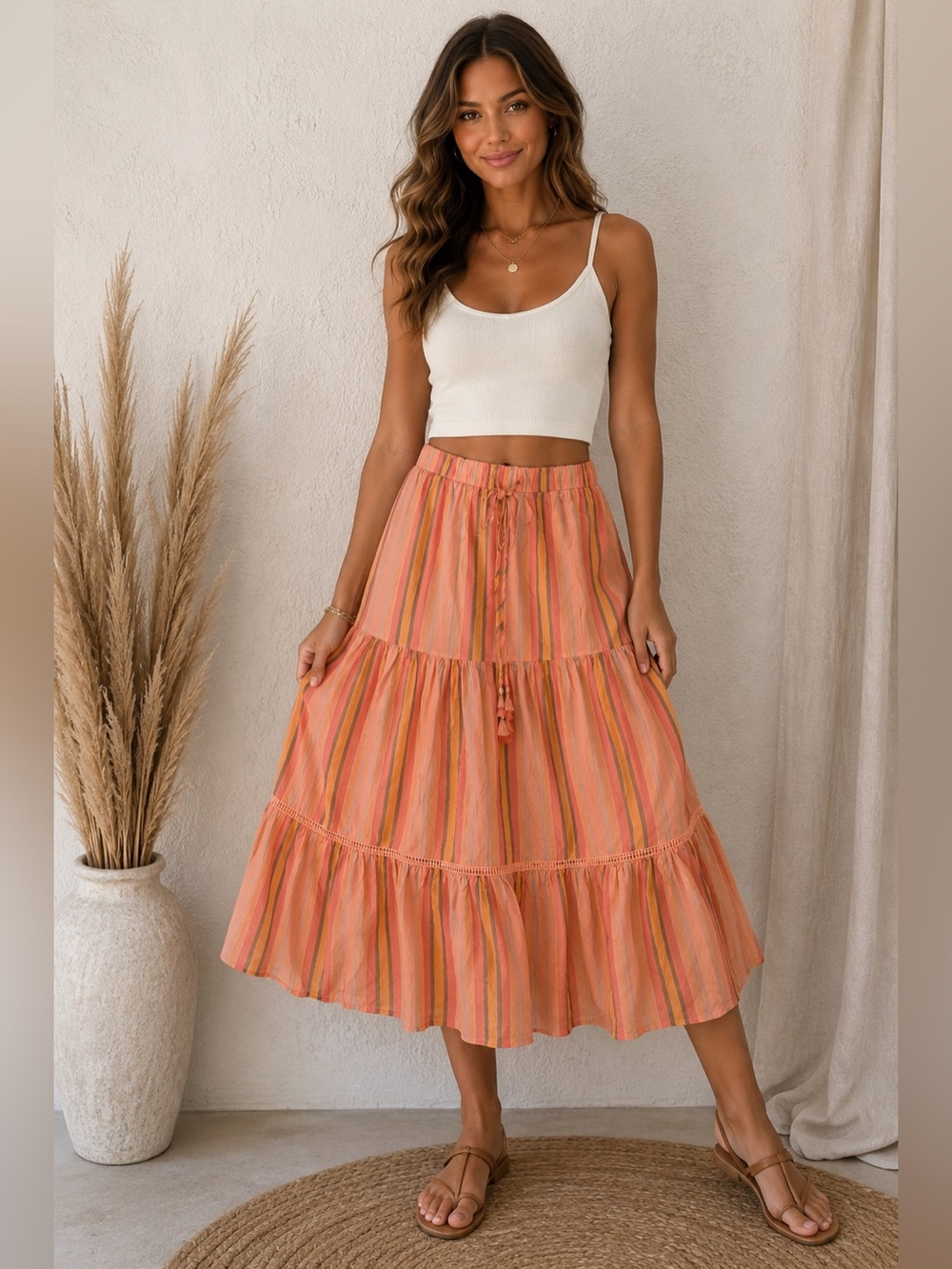 Matilda Jane Striped Tiered Maxi Skirt Medium 100% Rayon Boho